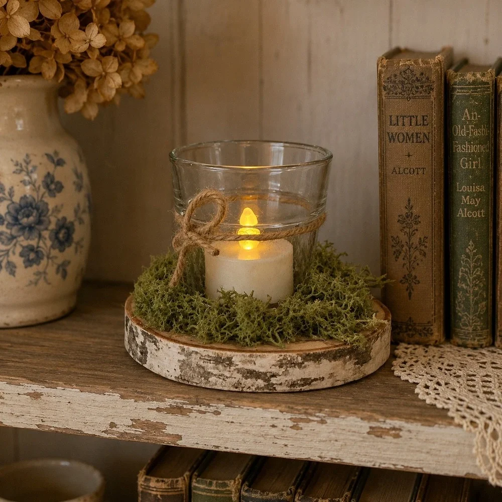 Handmade Rustic Birch Wood Moss Candle Holder LED Tea Light 4.5in Woodland Decor